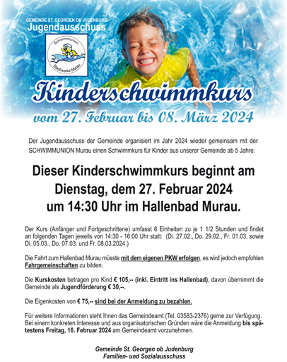 Einladung zum Schwimmkurs der Gemeinde St. Georgen ob Judenburg